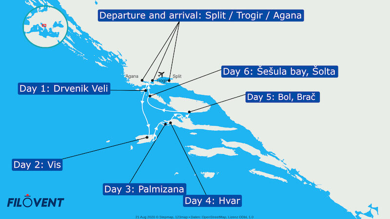 Cartina dell'itinerario della nostra crociera nel mese di maggio in Croazia - Dalmazia